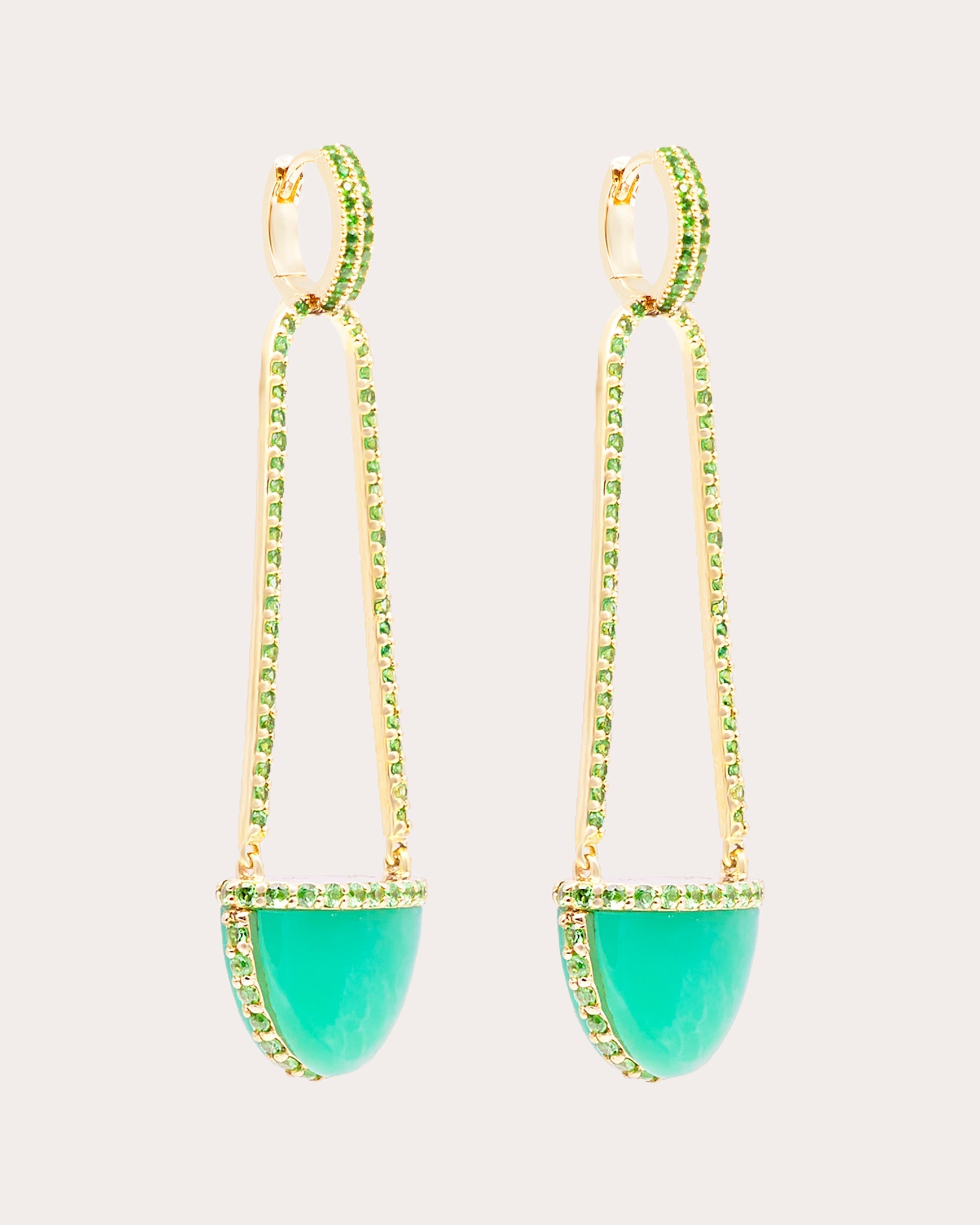 Found Cap 14K Gold Chrysoprase and Tsavorite Earrings