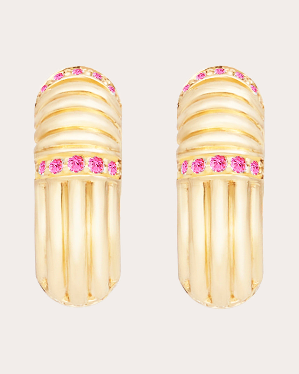 Found 14K Gold Pink Sapphire Ribbed Huggie Earrings