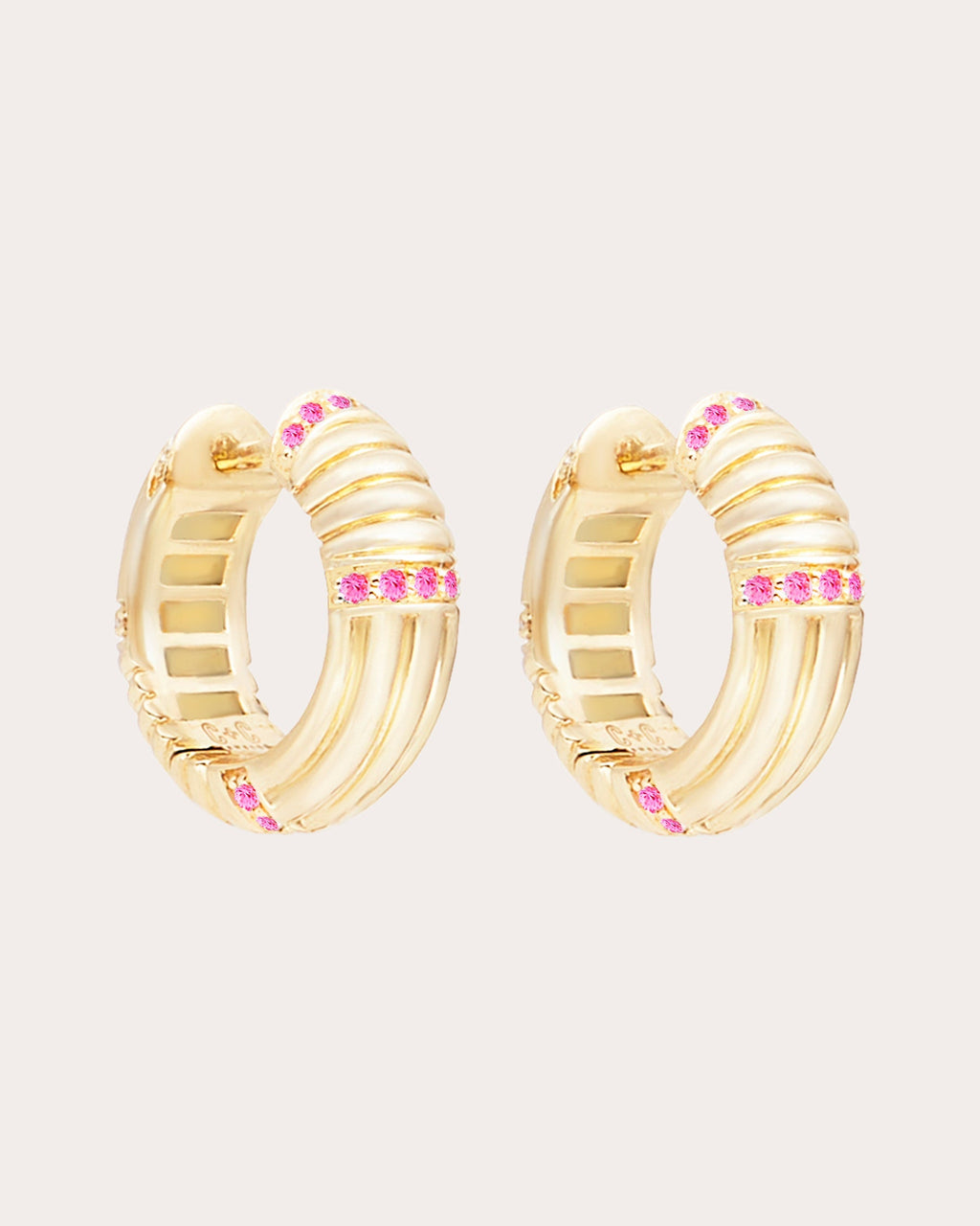 Found 14K Gold Pink Sapphire Ribbed Huggie Earrings