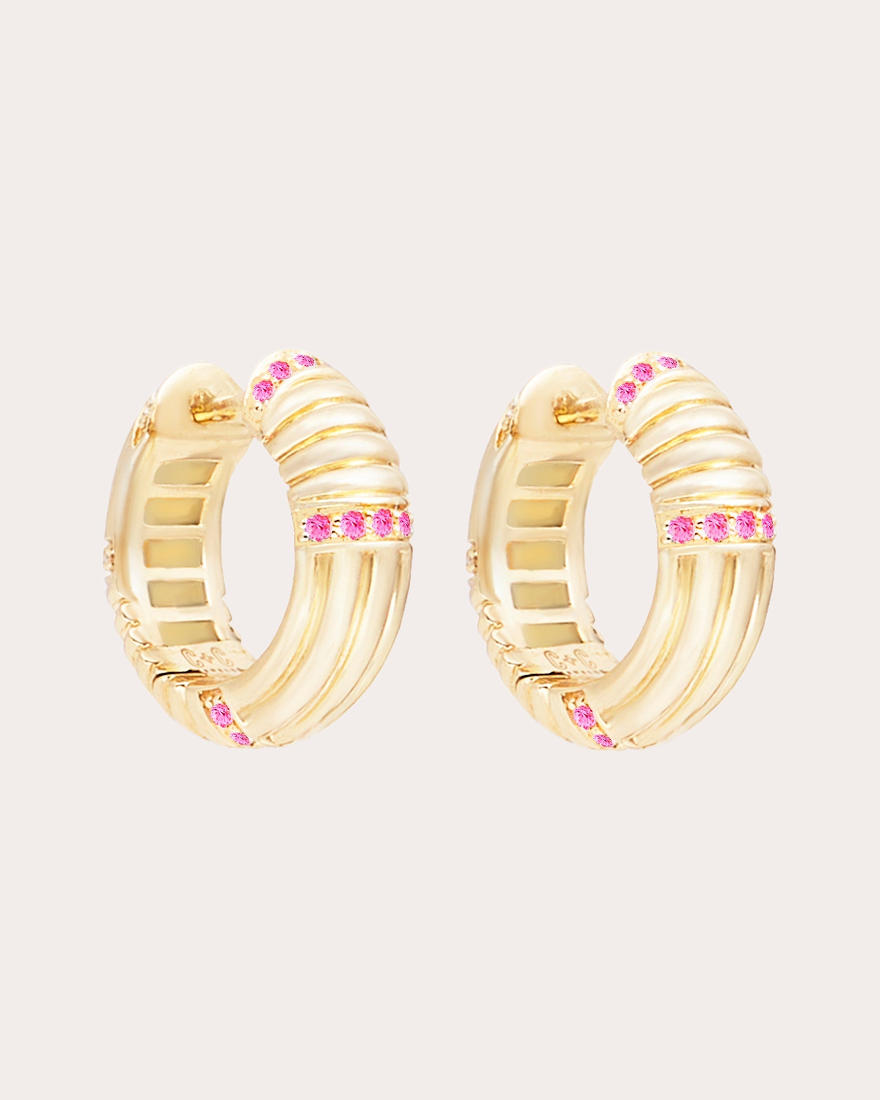 Found 14K Gold Pink Sapphire Ribbed Huggie Earrings