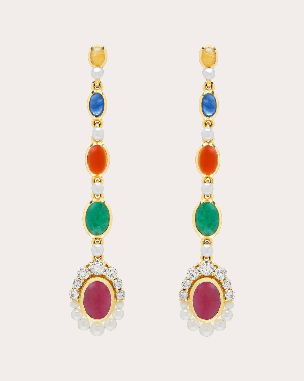 Navratna 18K Gold Pearl and Multi-Stone Earrings