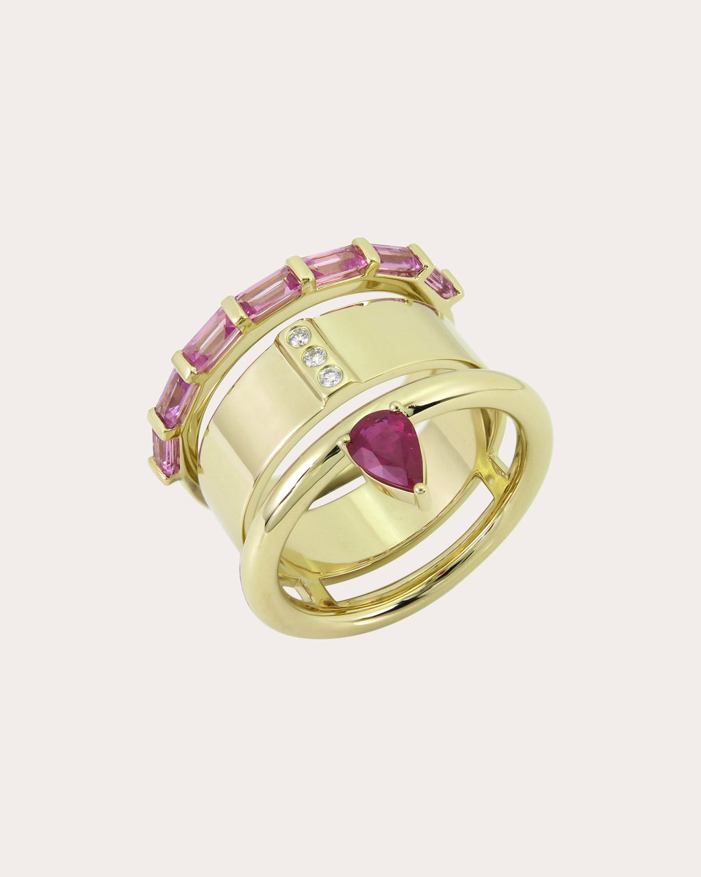 Mini Type Stack 14K Gold Pink Sapphire Ruby and Diamond Ring