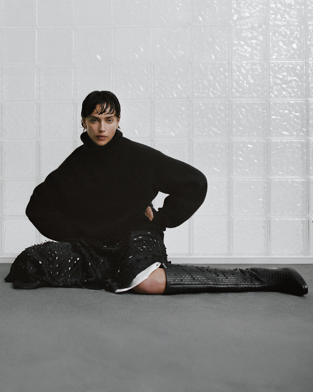 Asymmetric Laser-Cut Satin Skirt