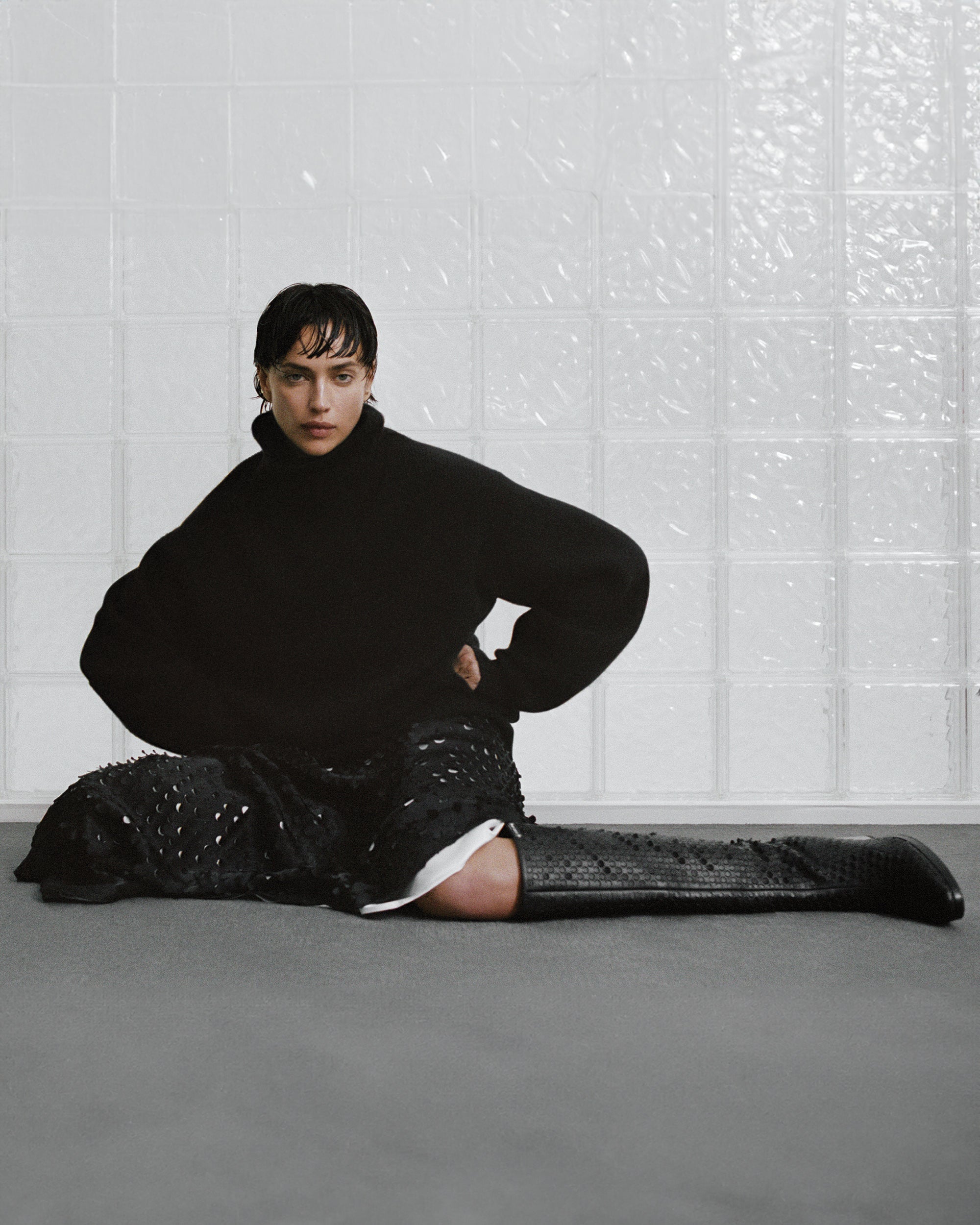 Asymmetric Laser-Cut Satin Skirt