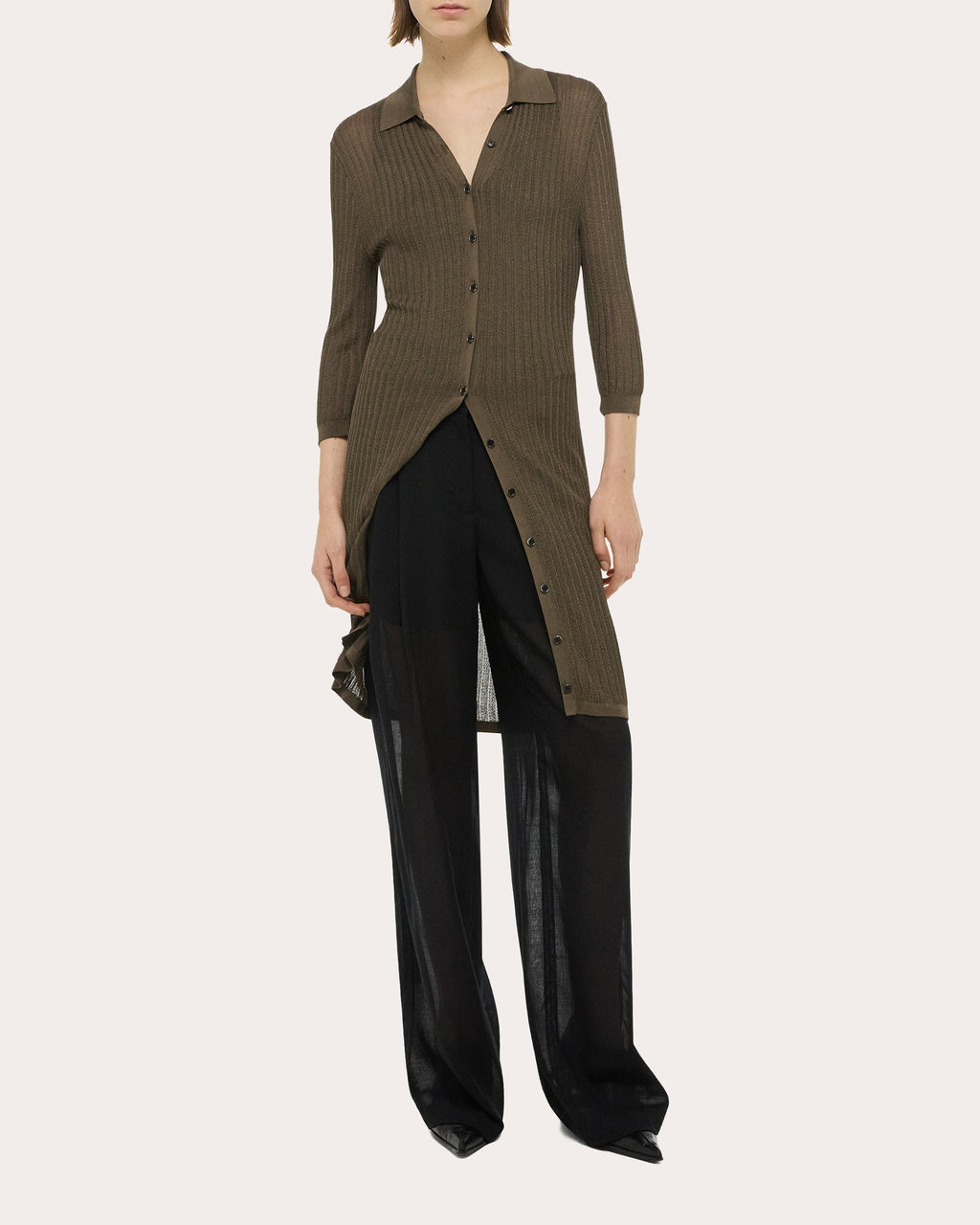 Ribbed Pointelle-Knit Polo Dress