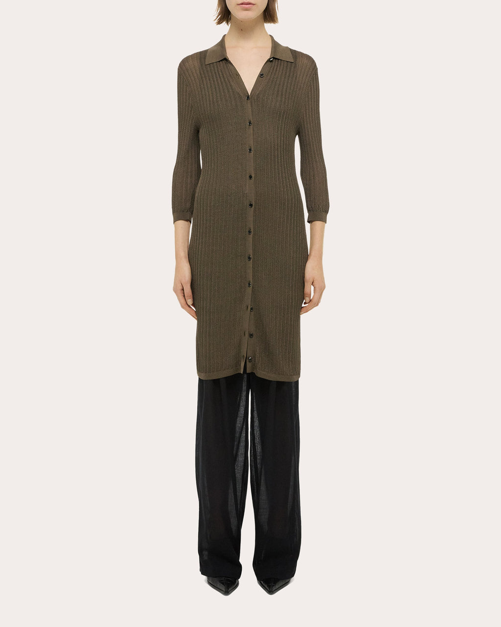 Ribbed Pointelle-Knit Polo Dress