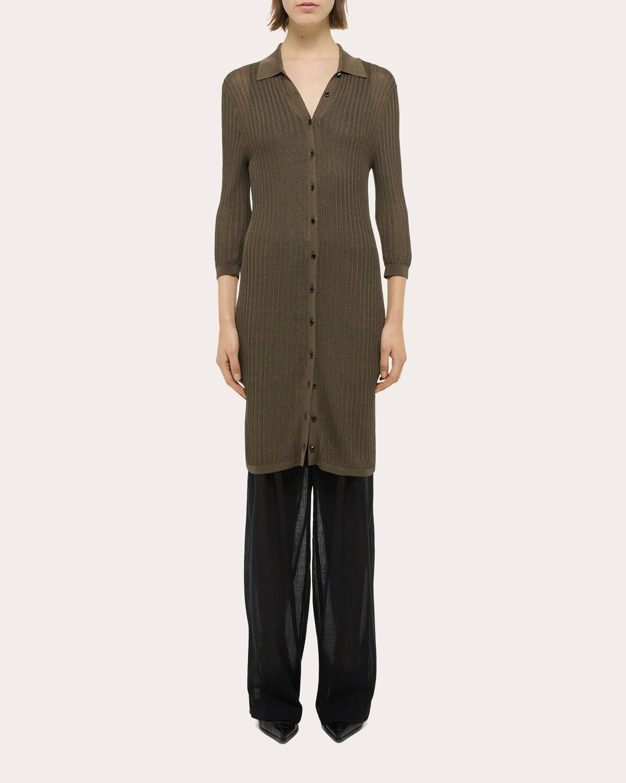 Ribbed Pointelle-Knit Polo Dress