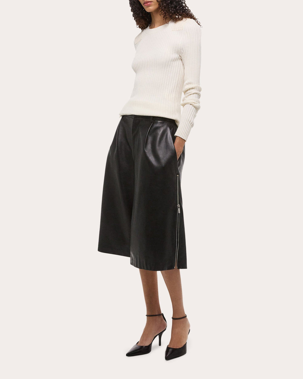 Pleated Zip Detail Leather Shorts