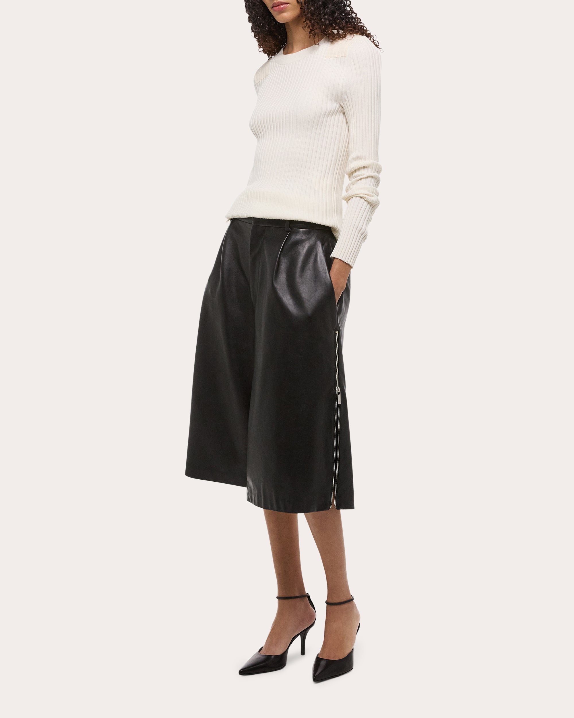 Pleated Zip Detail Leather Shorts