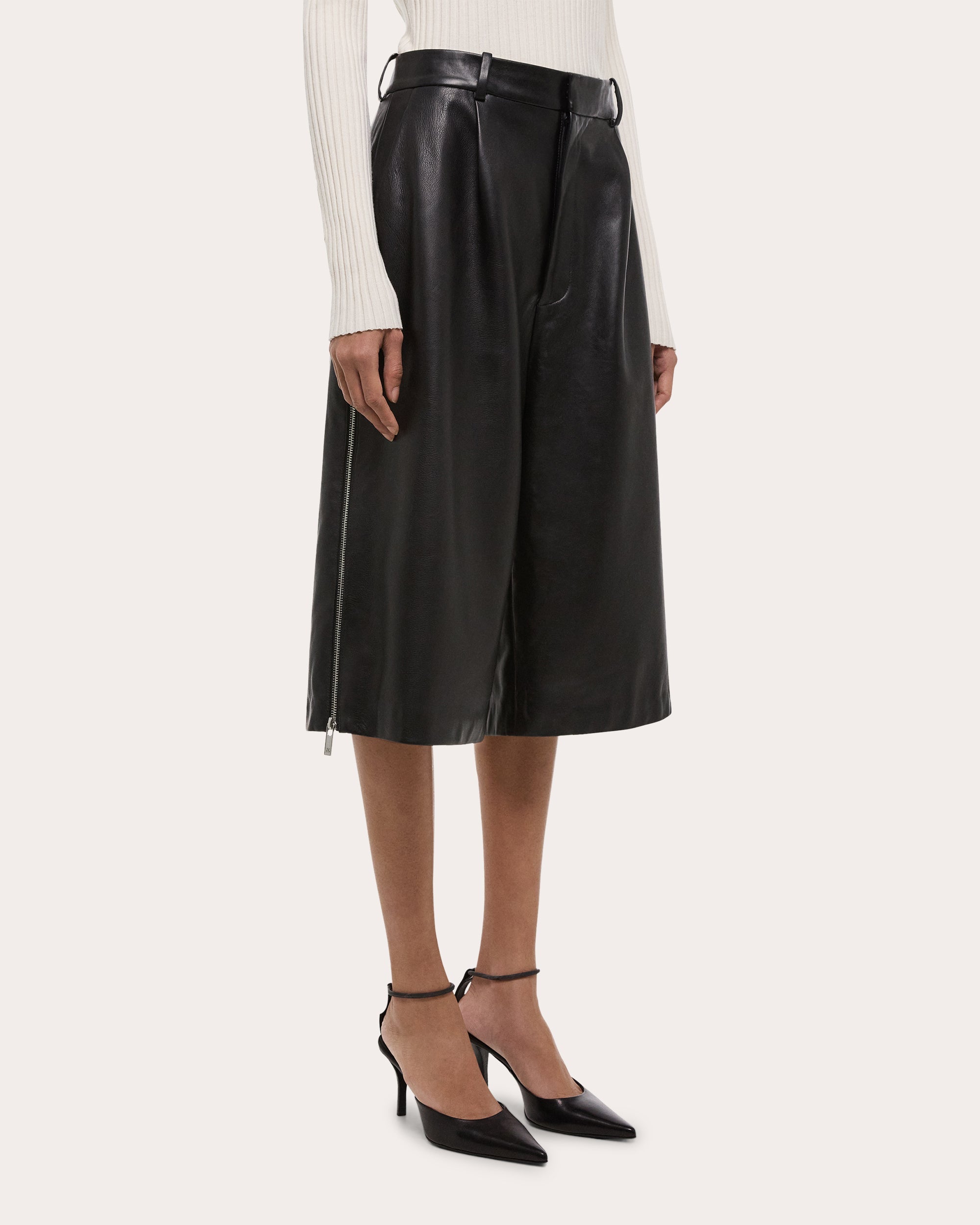 Pleated Zip Detail Leather Shorts