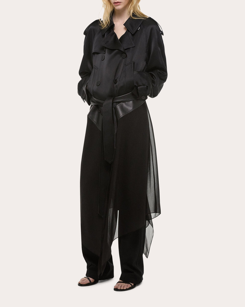 Leather Trimmed Silk Chiffon Trench Coat