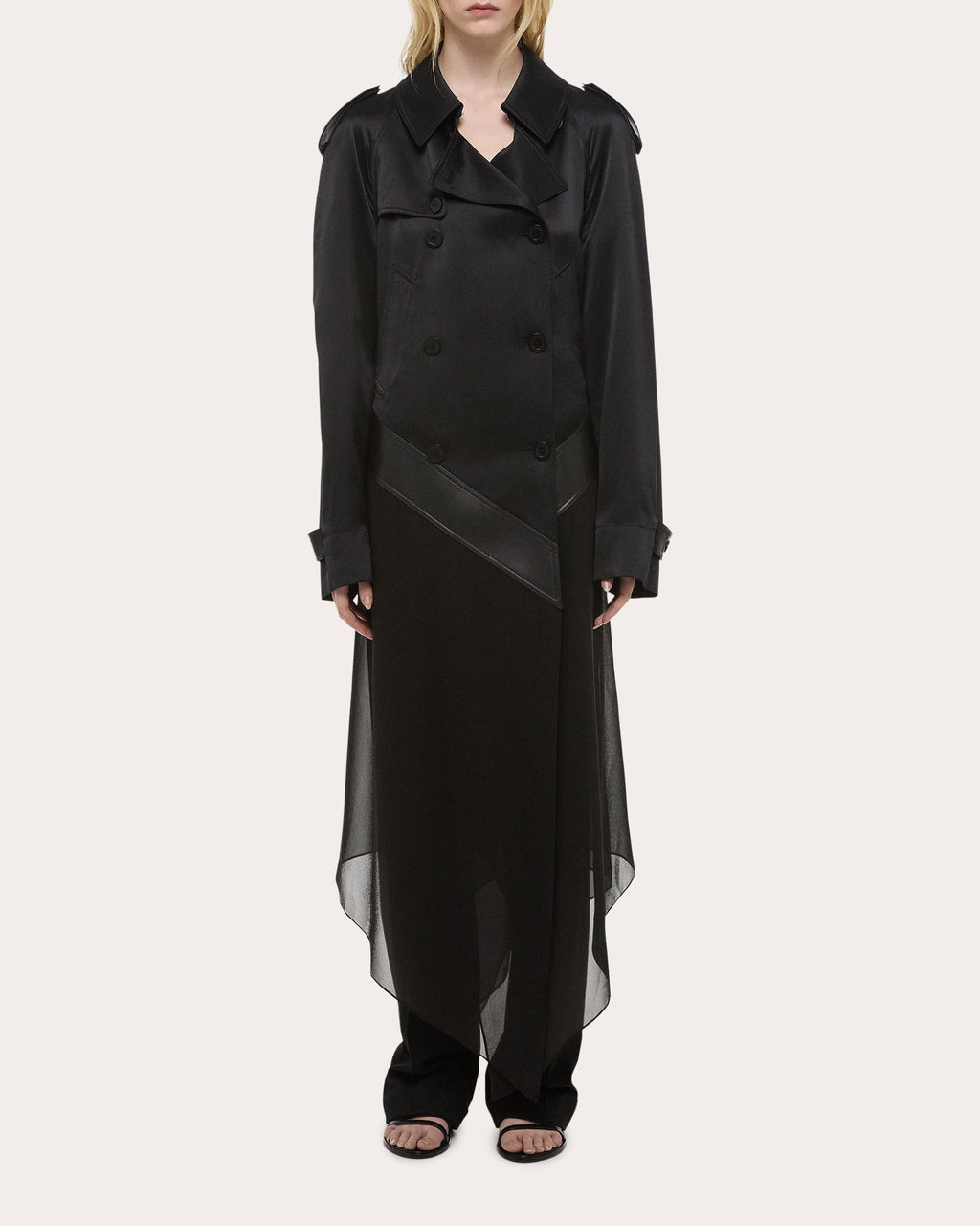 Leather Trimmed Silk Chiffon Trench Coat