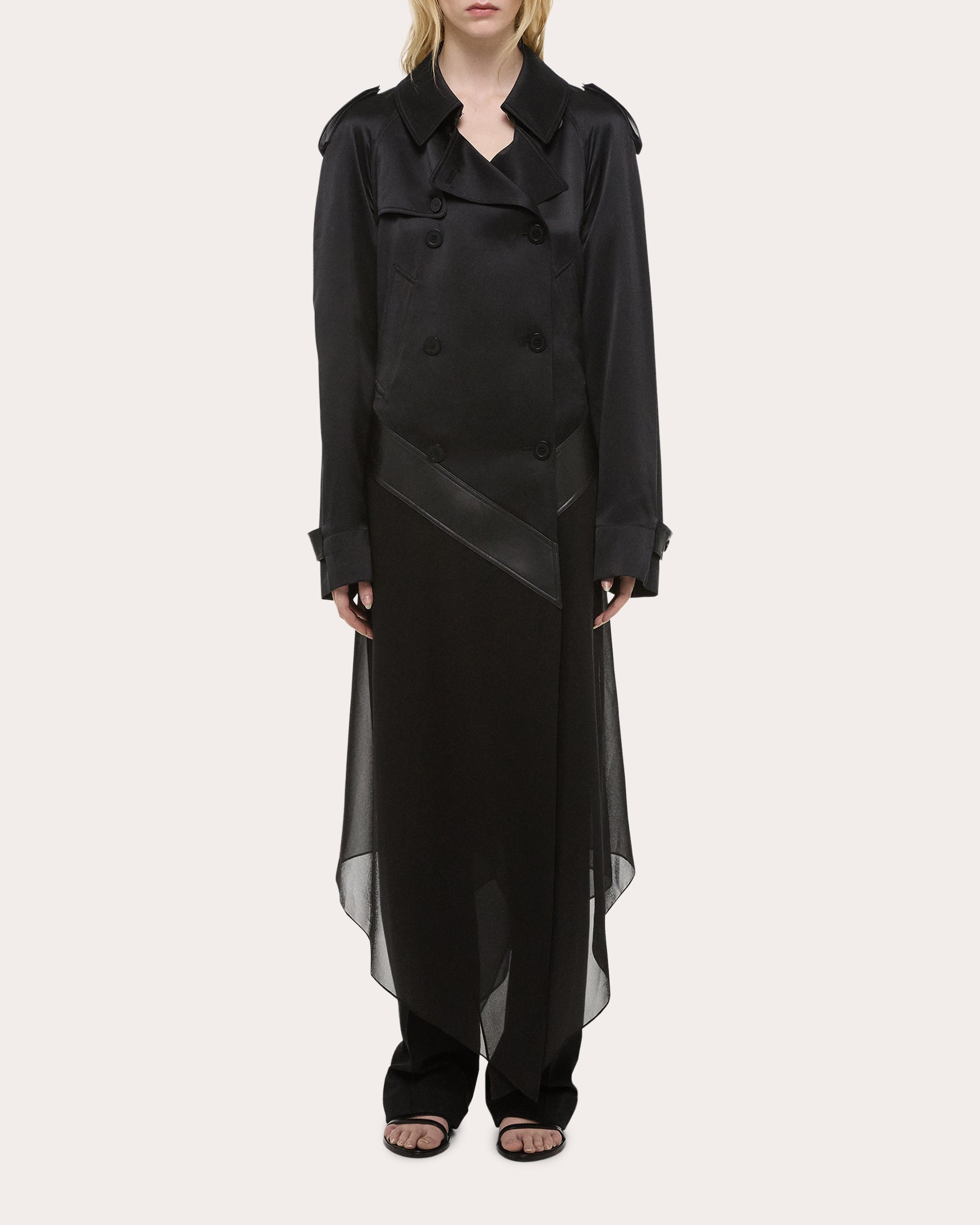 Leather Trimmed Silk Chiffon Trench Coat