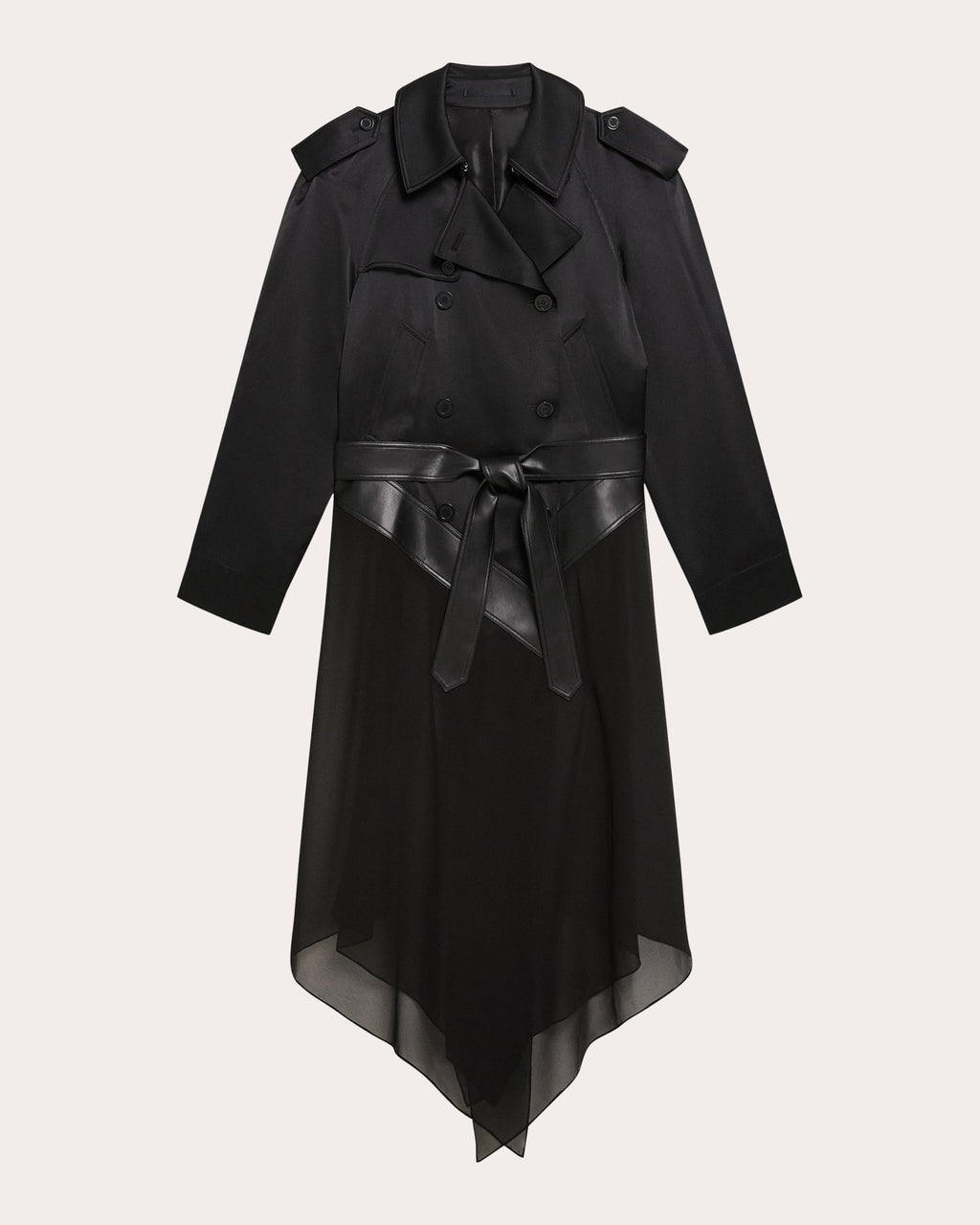 Leather Trimmed Silk Chiffon Trench Coat