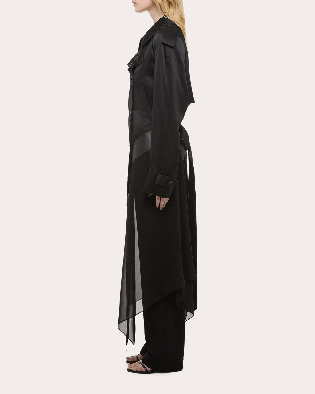 Leather Trimmed Silk Chiffon Trench Coat