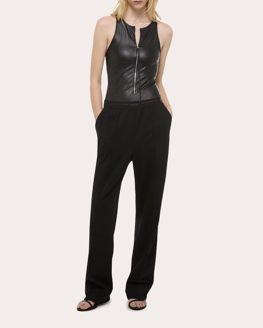 Zip Front Faux Leather Racerback Bodysuit