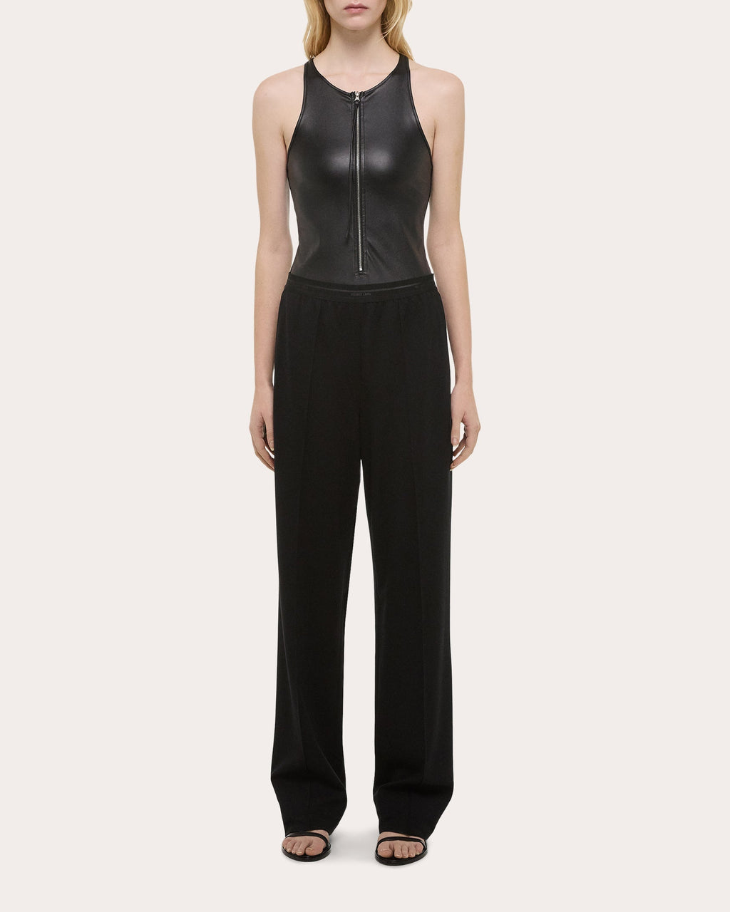 Zip Front Faux Leather Racerback Bodysuit