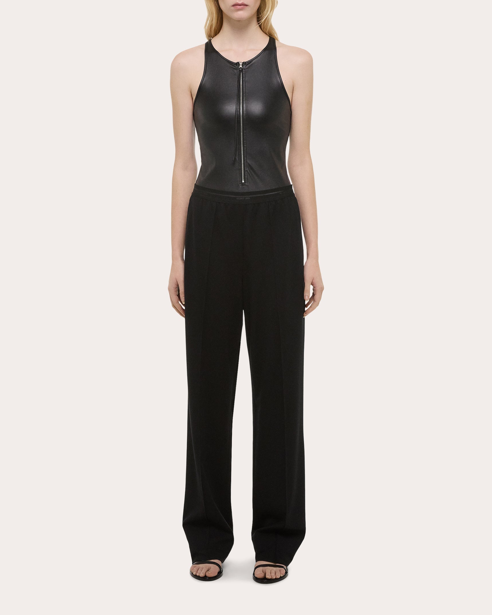 Zip Front Faux Leather Racerback Bodysuit
