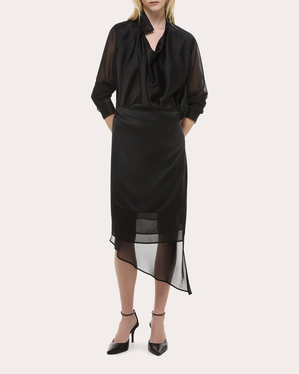 Layered Asymmetric Silk Chiffon and Satin Midi Dress