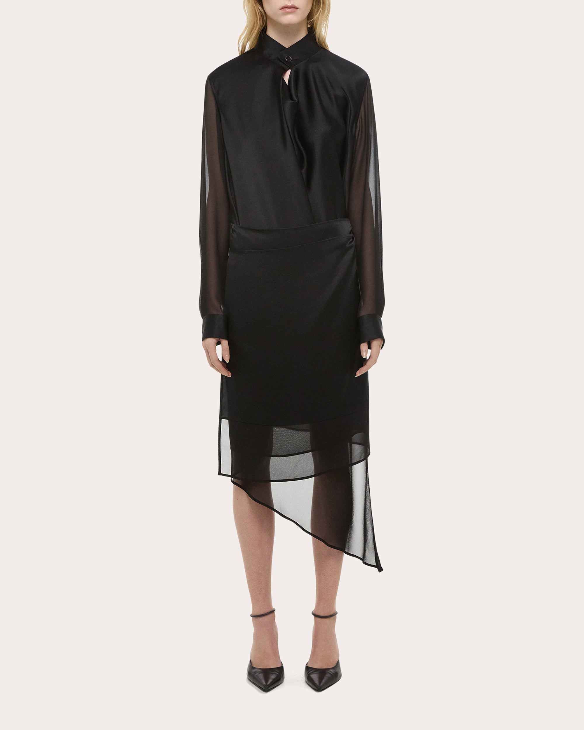 Layered Asymmetric Silk Chiffon and Satin Midi Dress