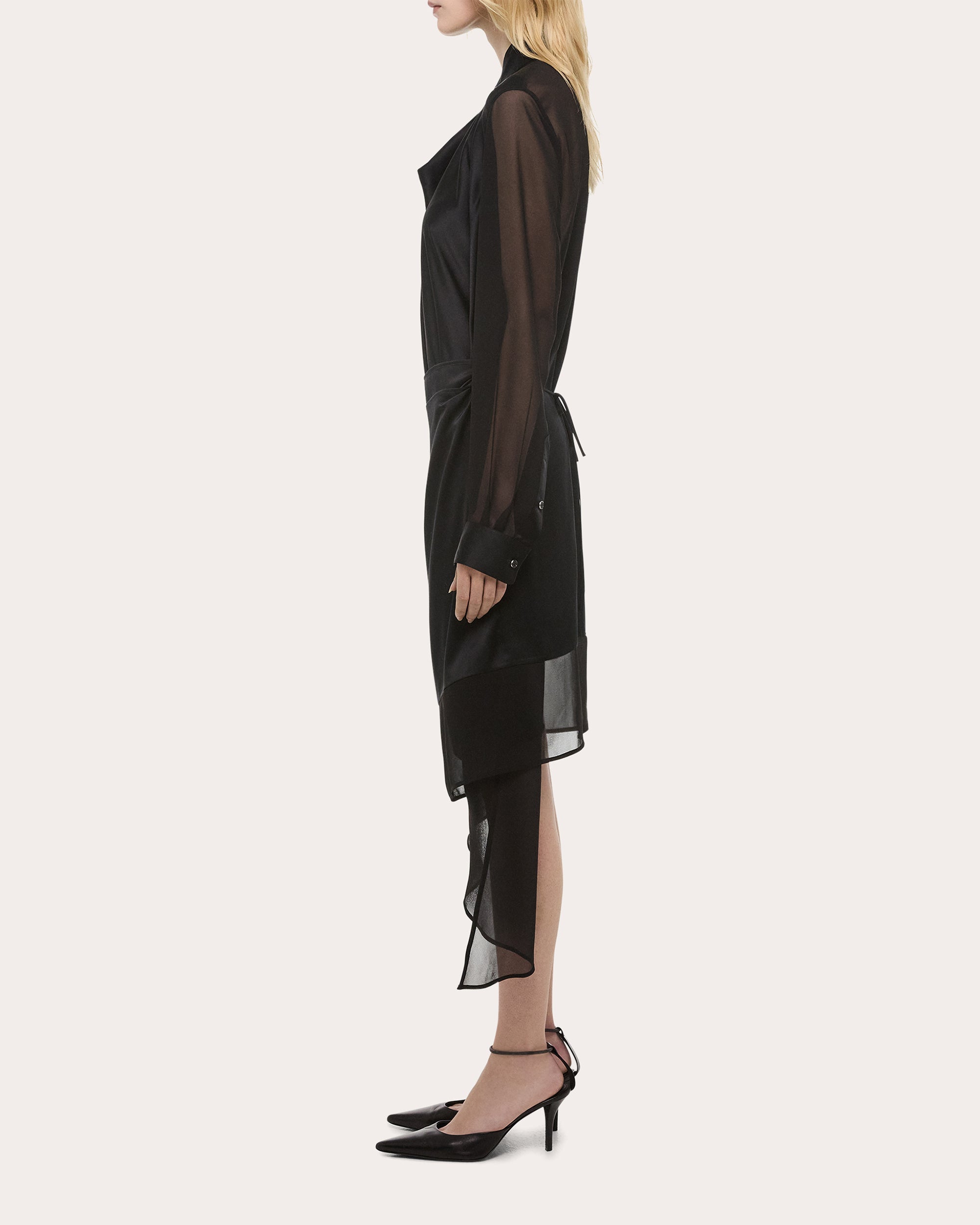 Layered Asymmetric Silk Chiffon and Satin Midi Dress