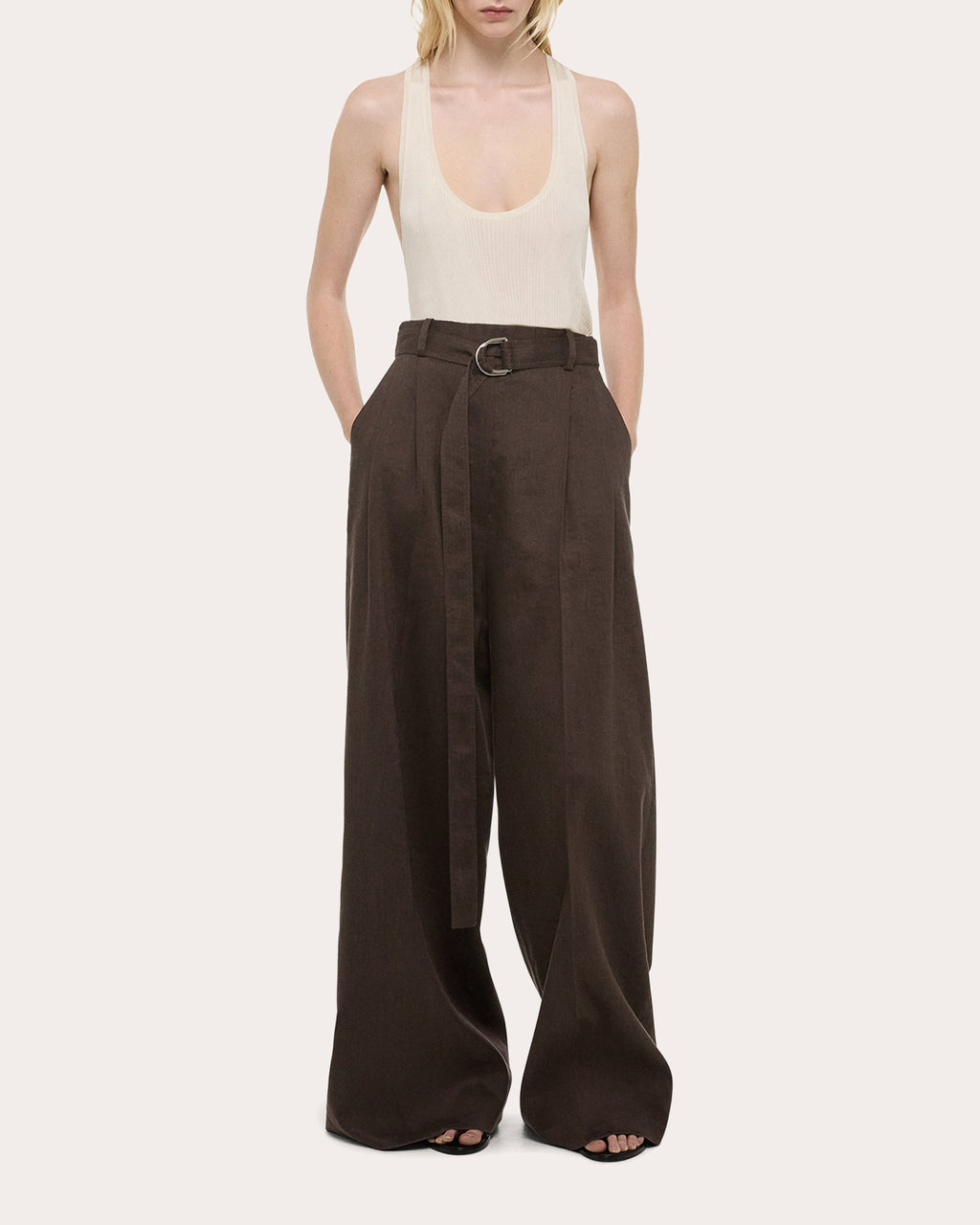 Pleated Linen Blend Wide-Leg Pants