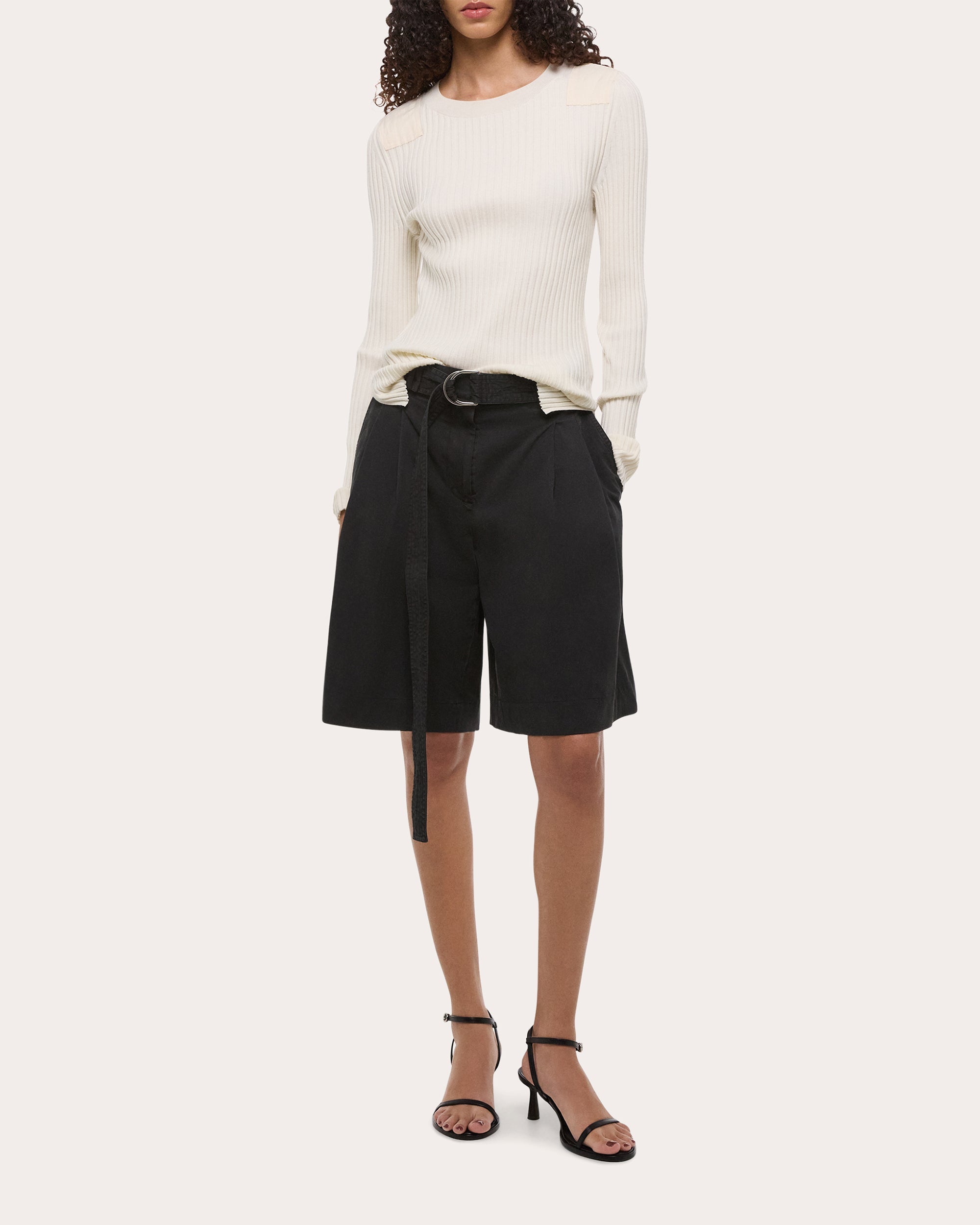 Belted Pleated Cotton Twill Shorts