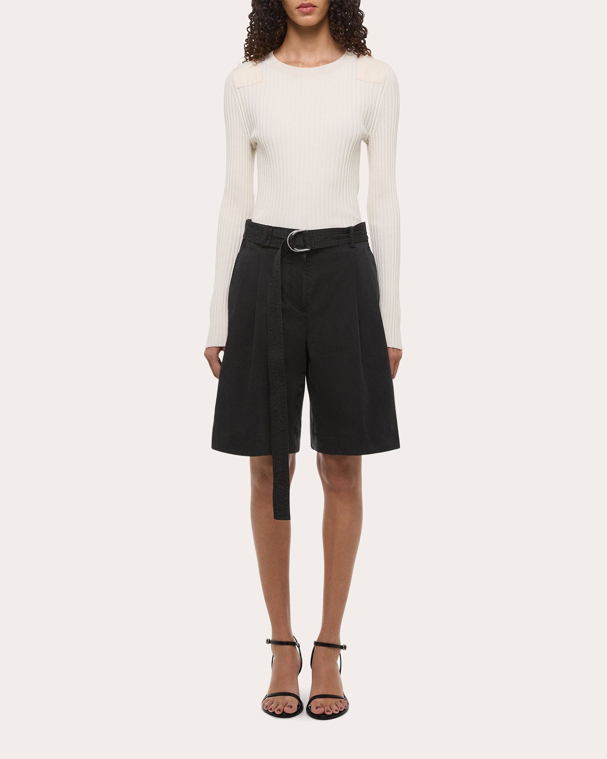 Belted Pleated Cotton Twill Shorts