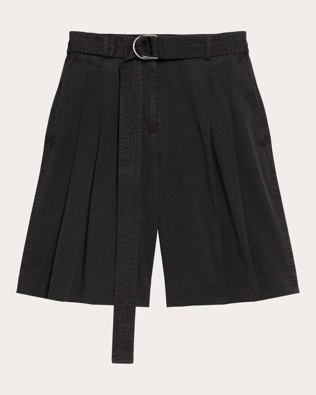 Belted Pleated Cotton Twill Shorts