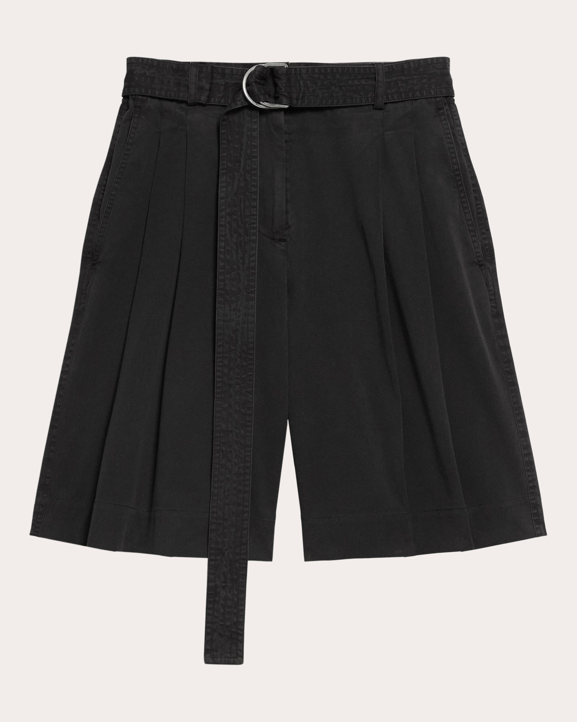 Belted Pleated Cotton Twill Shorts