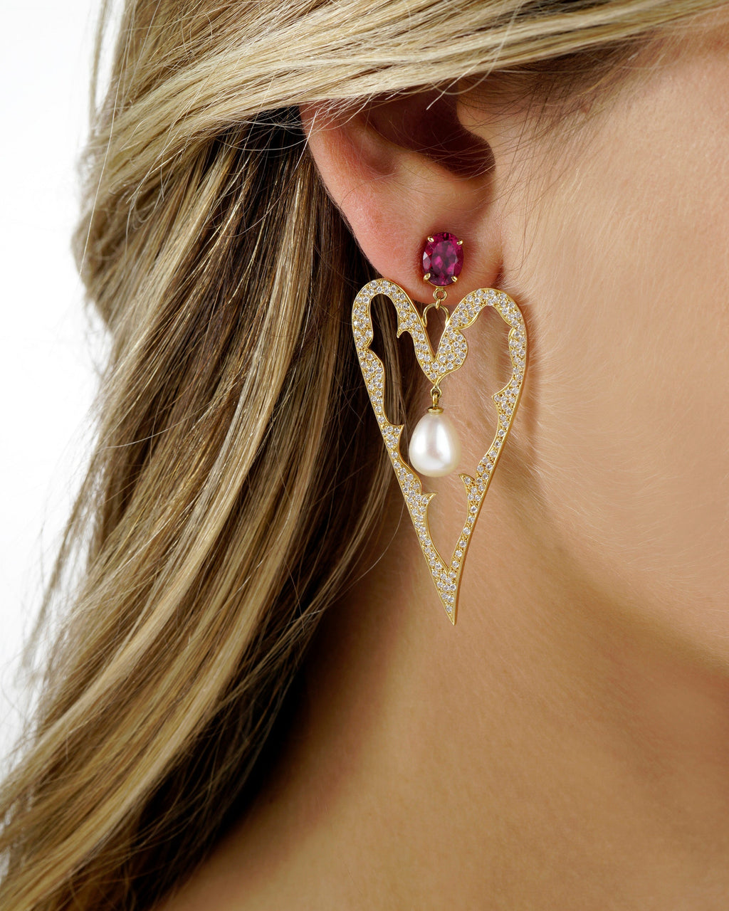 Heart on Fire 18K Gold Pearl Rubellite and Diamond Earrings