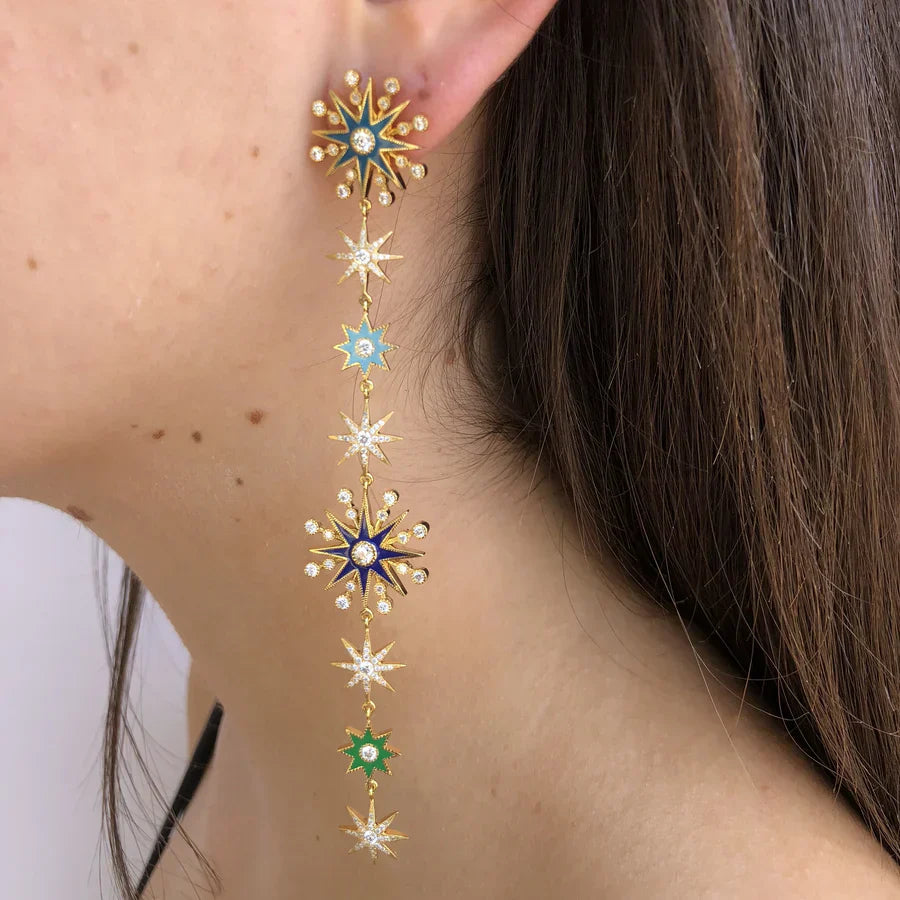 18K Gold Enamel and Diamond Pyxis Star Earrings
