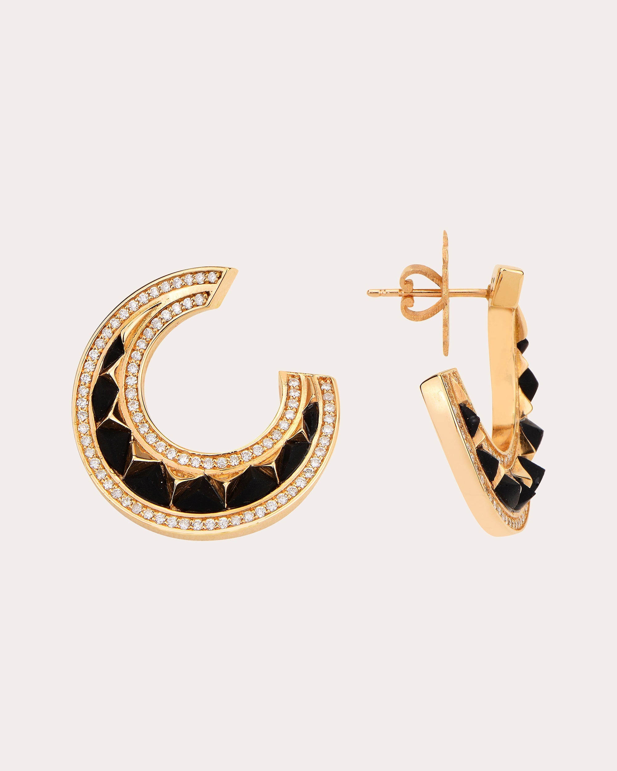 Accra 18K Gold Onyx and Diamond Spiral Hoop Earrings