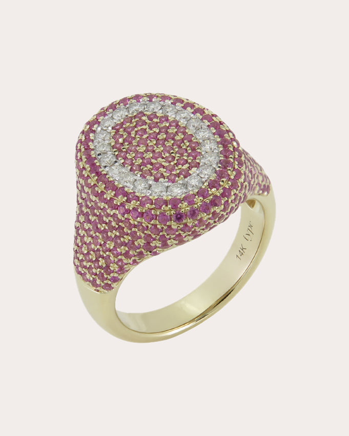 6th Orbit 14K Gold Pink Sapphire and Diamond Signet Ring