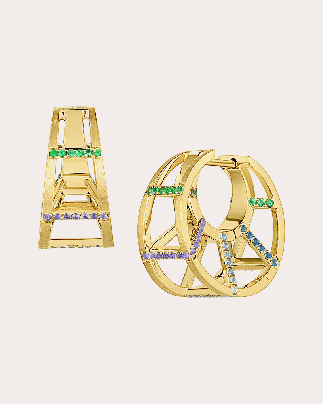 Color Wave 18K Gold Emerald Topaz and Tanzanite Hoop Earrings