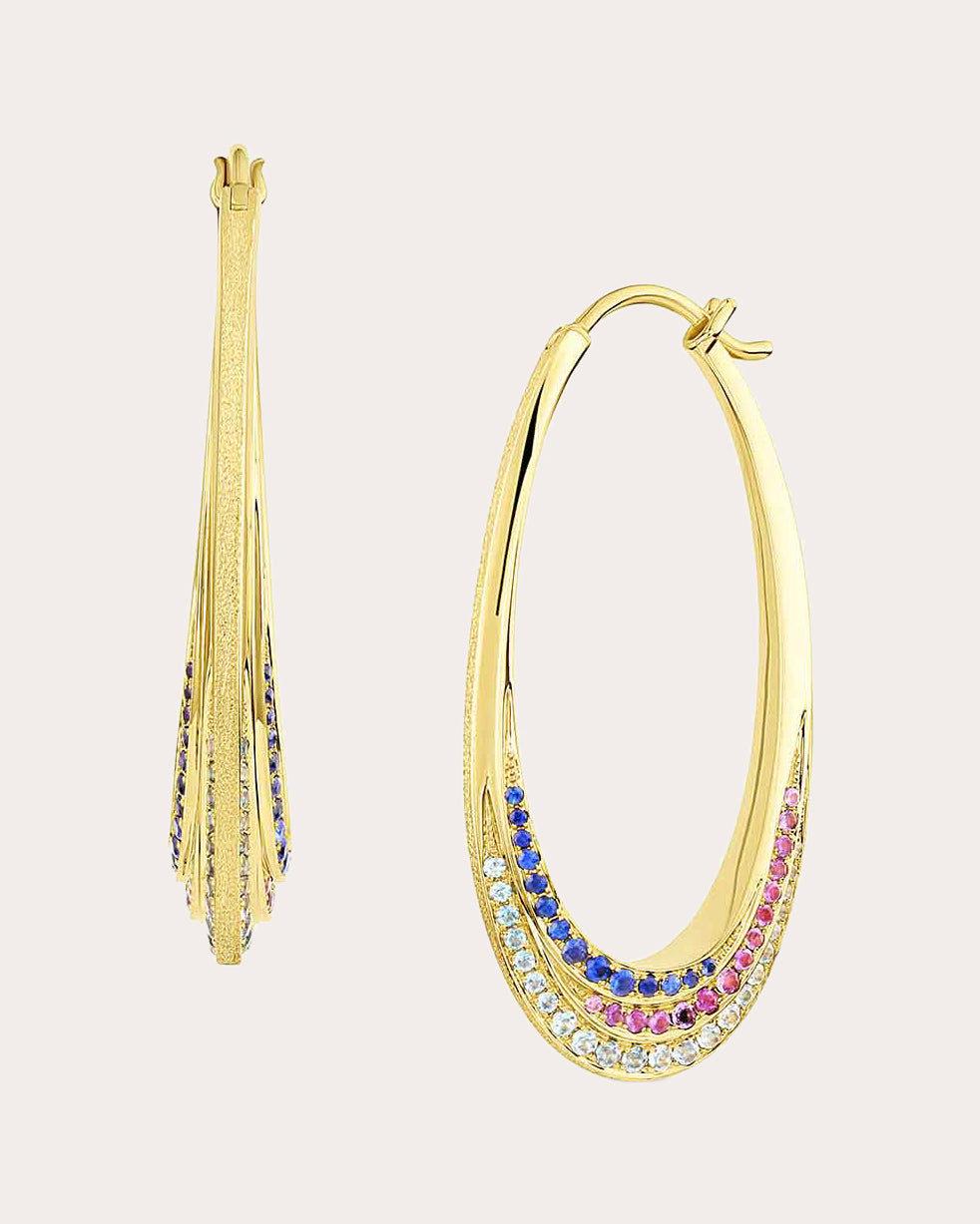 Color Wave 18K Gold Amethyst Topaz and Sapphire Hoop Earrings