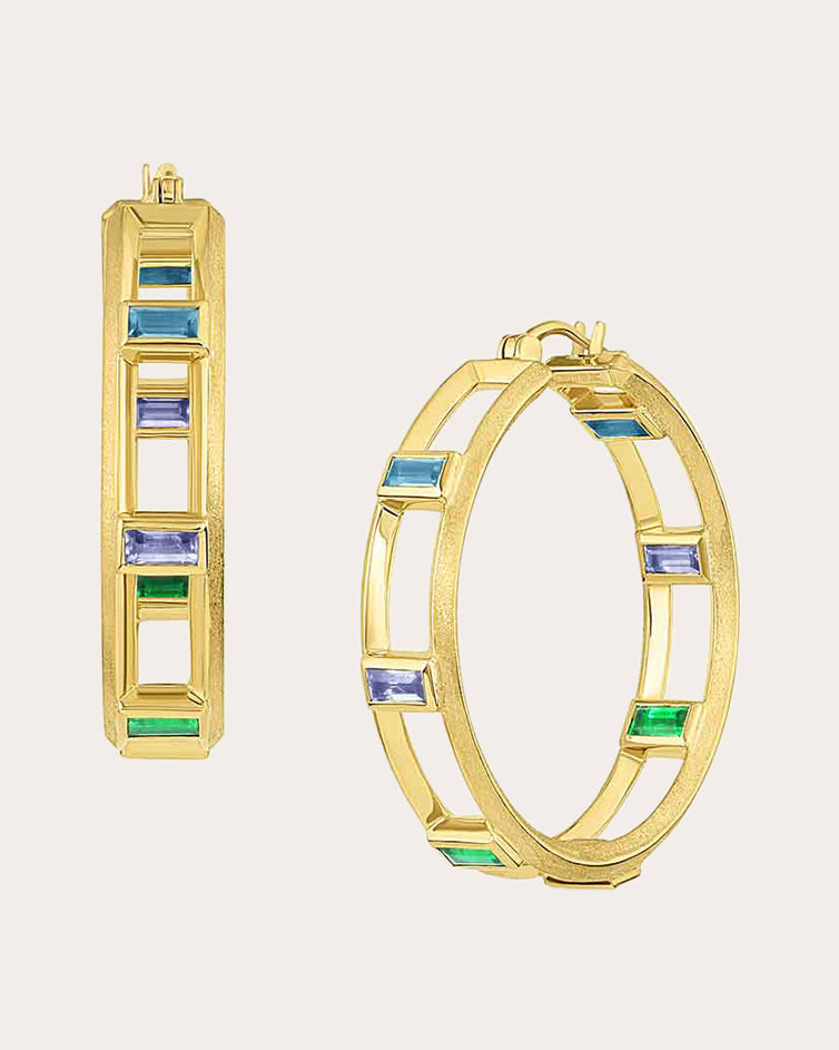 Full Sundown 18K Gold Emerald Topaz and Sapphire Hoop Earrings