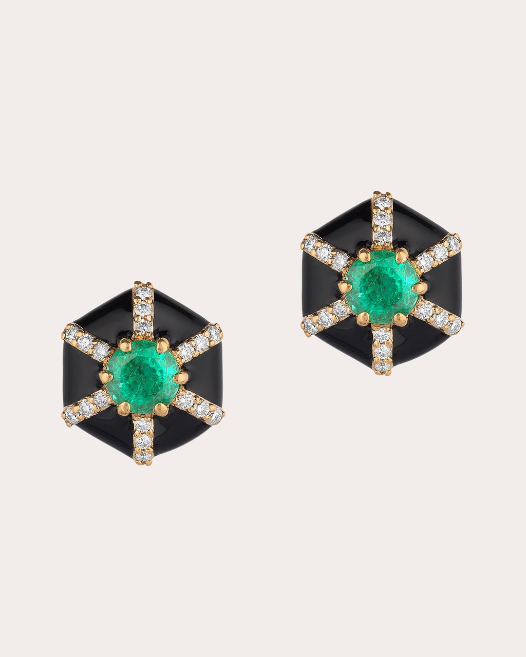 Queen 18K Gold Enamel Emerald and Diamond Stud Earrings
