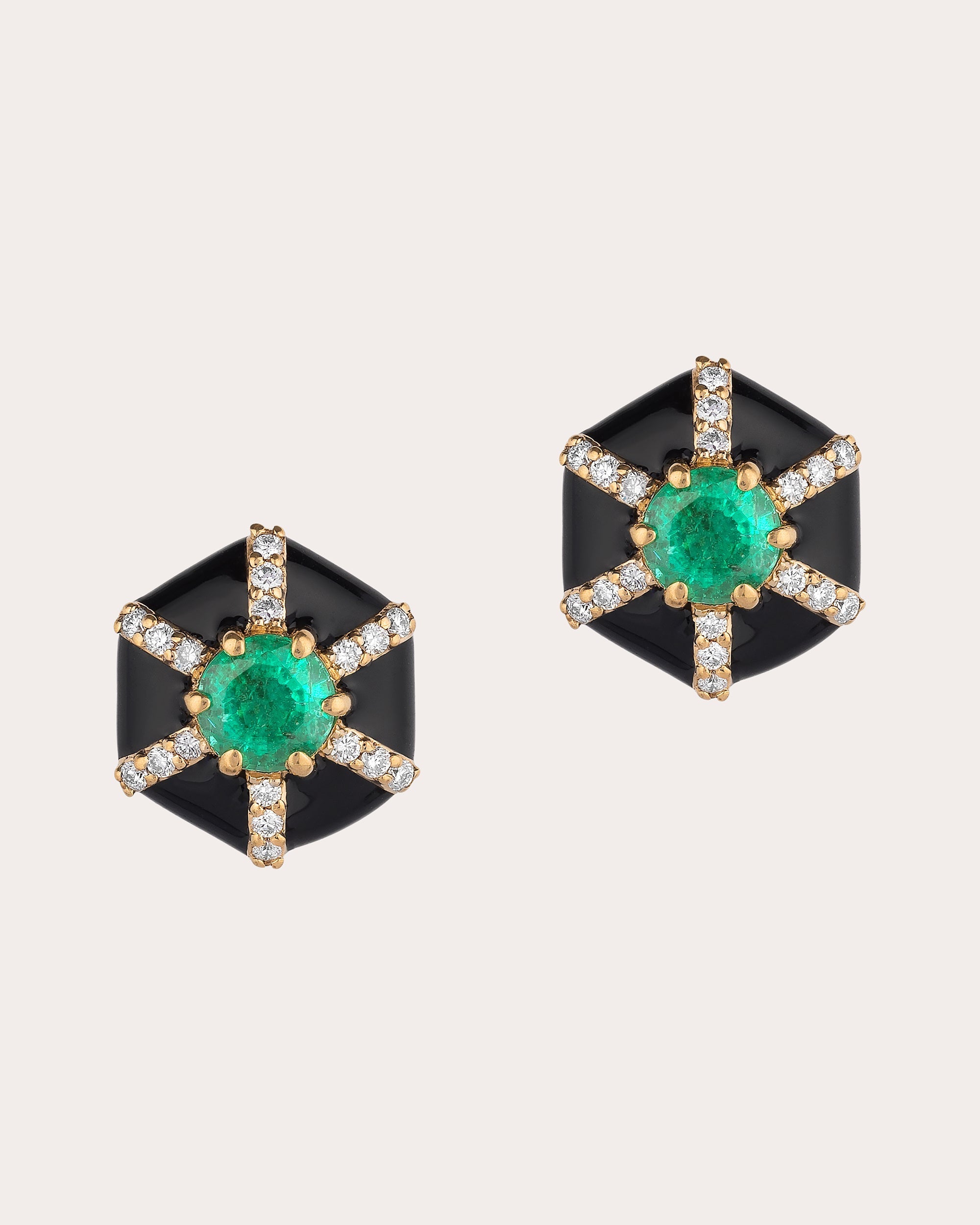 Queen 18K Gold Enamel Emerald and Diamond Stud Earrings