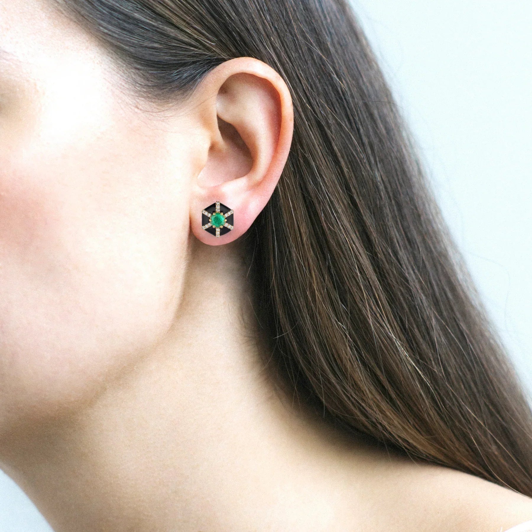Queen 18K Gold Enamel Emerald and Diamond Stud Earrings