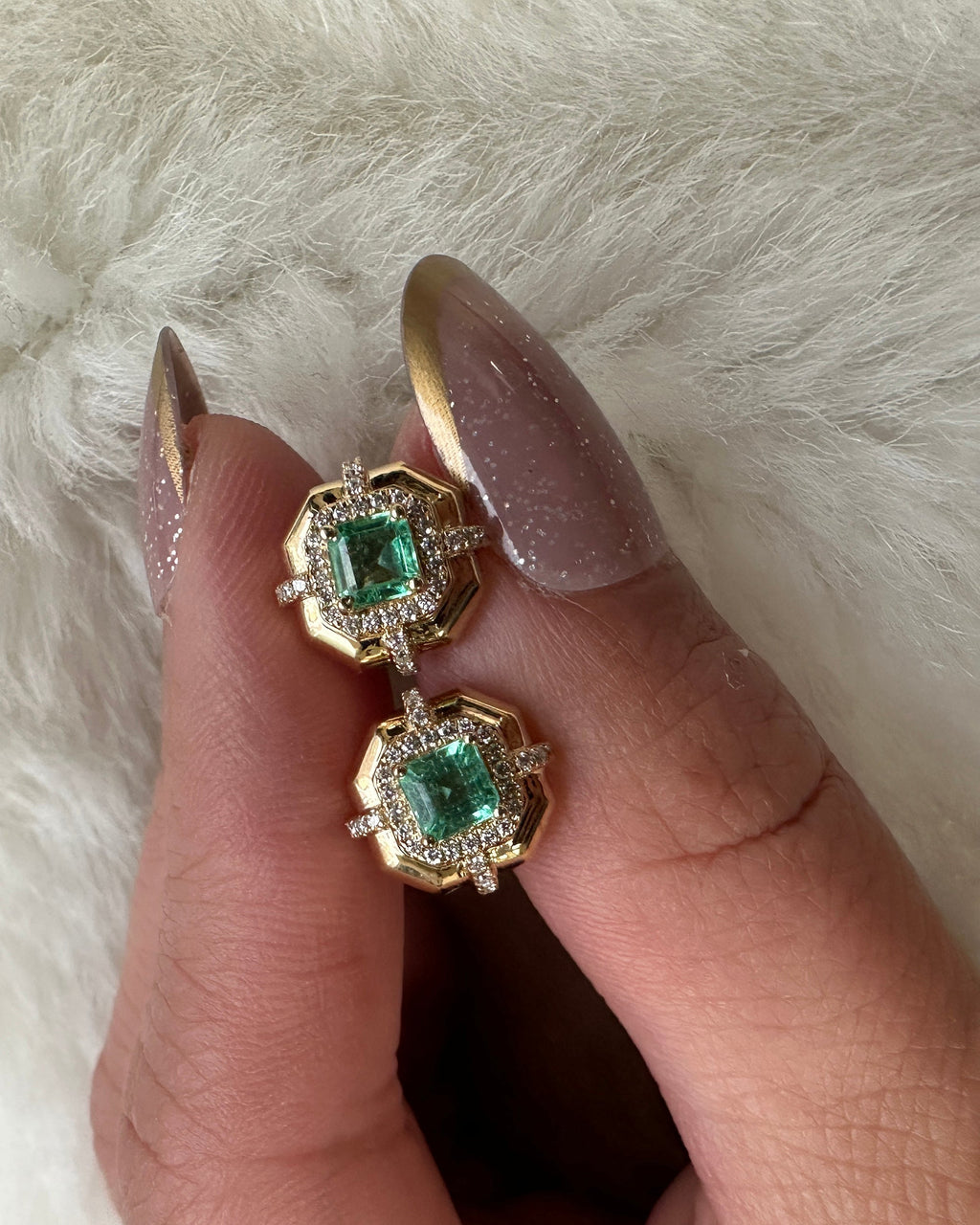 18K Gold Emerald and Diamond Earrings