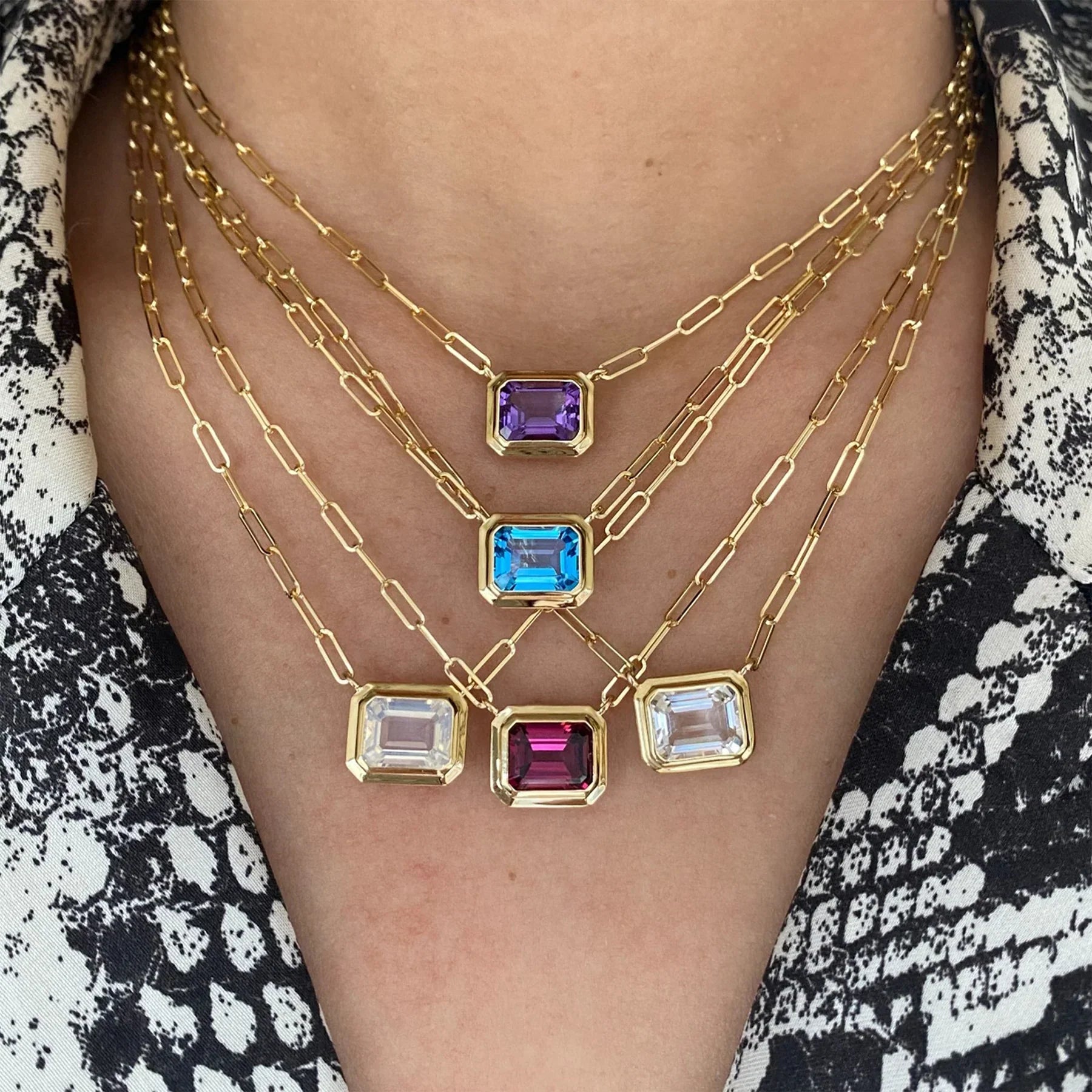 Blue Topaz Emerald-Cut Bezel Pendant Necklace
