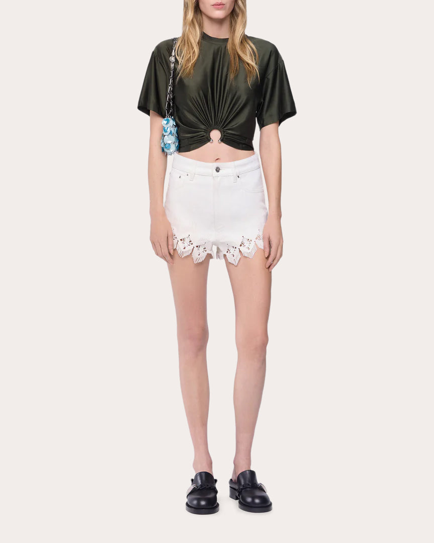 Cropped Gathered Satin Jersey Top