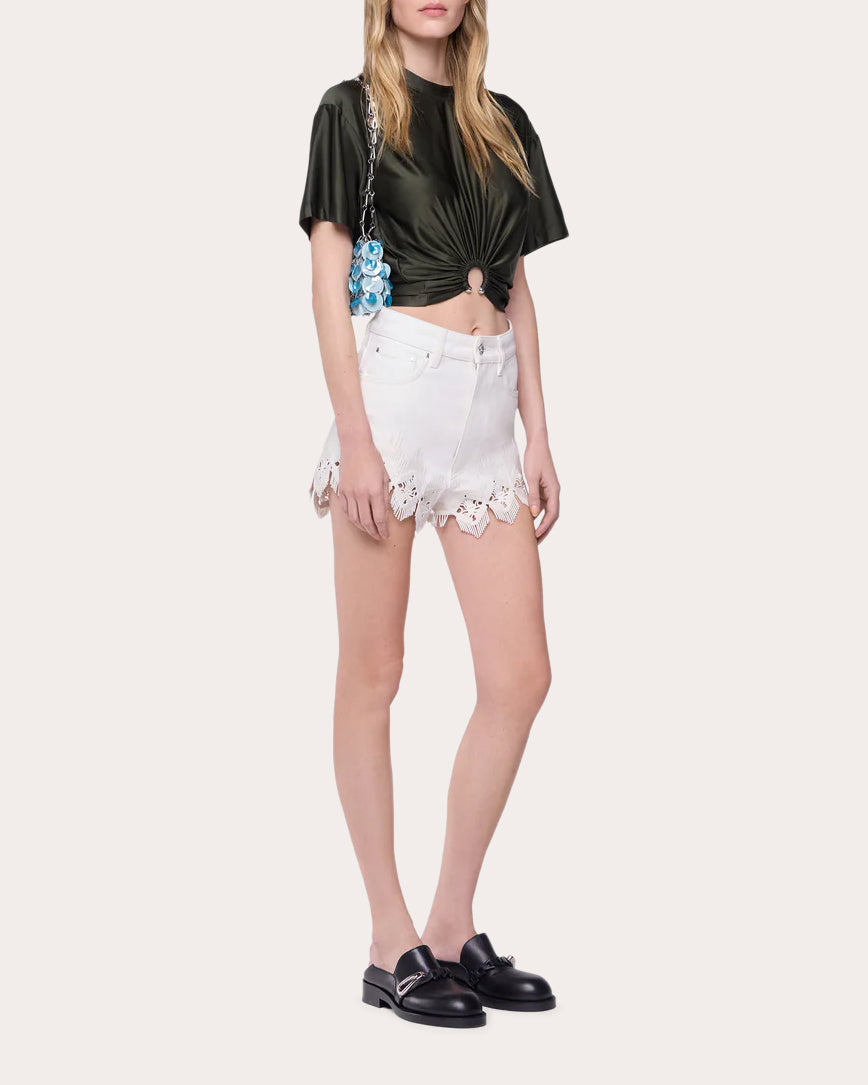 Cropped Gathered Satin Jersey Top