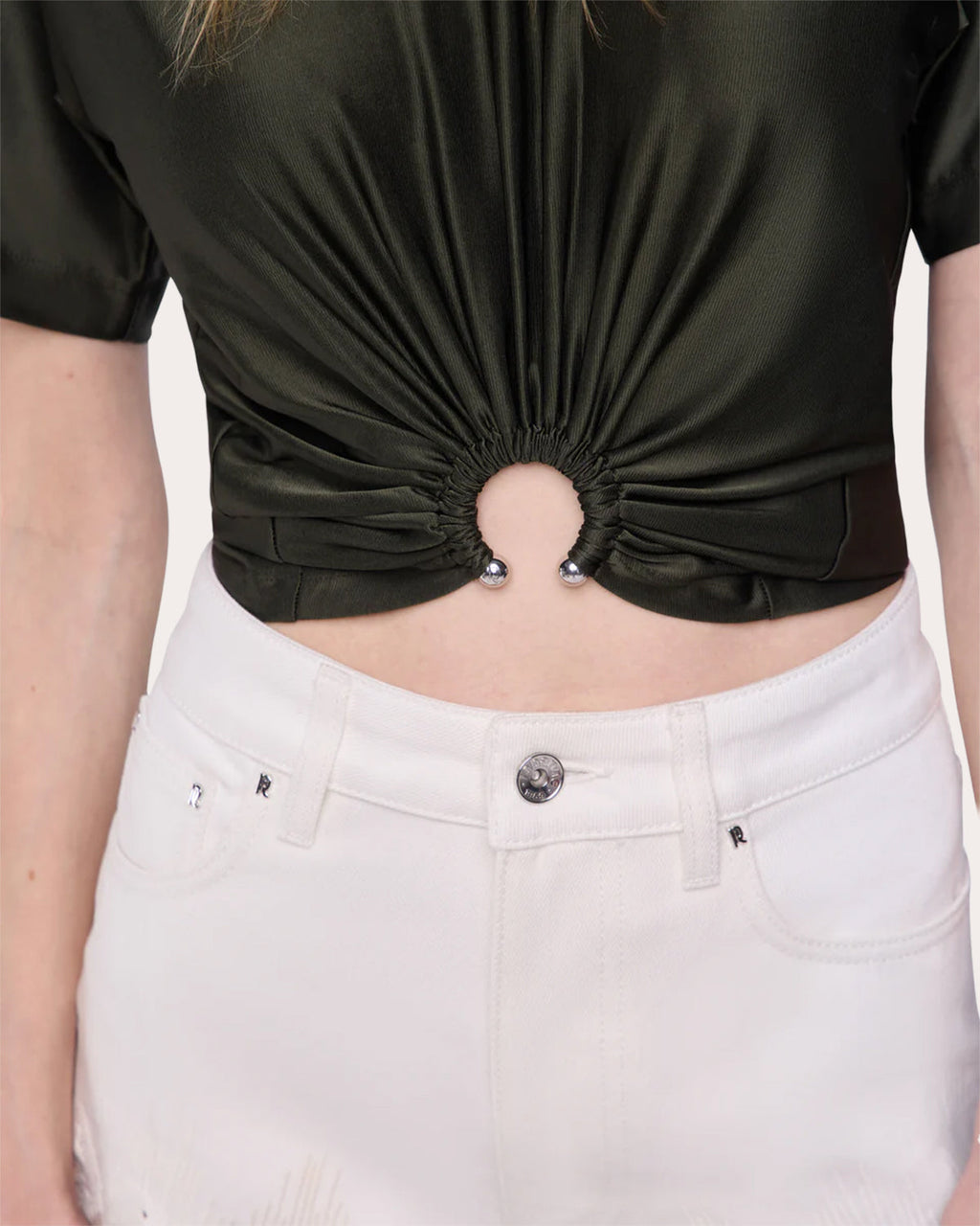 Cropped Gathered Satin Jersey Top