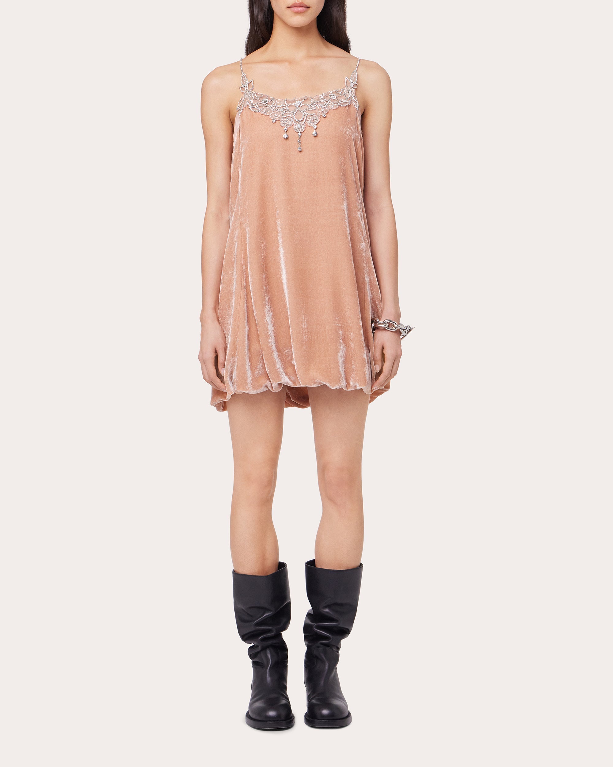 Embellished Velvet Bubble-Hem Mini Dress
