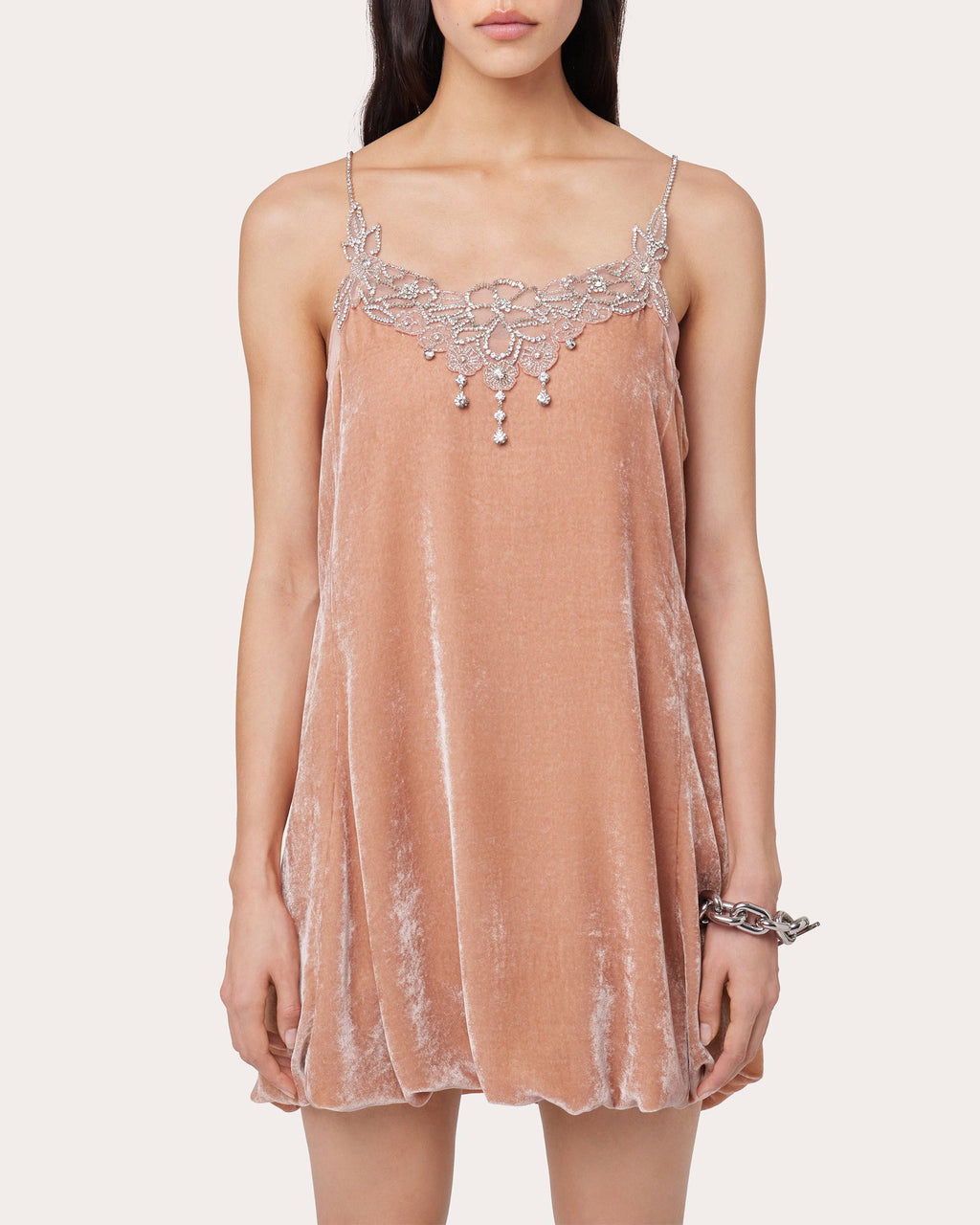 Embellished Velvet Bubble-Hem Mini Dress