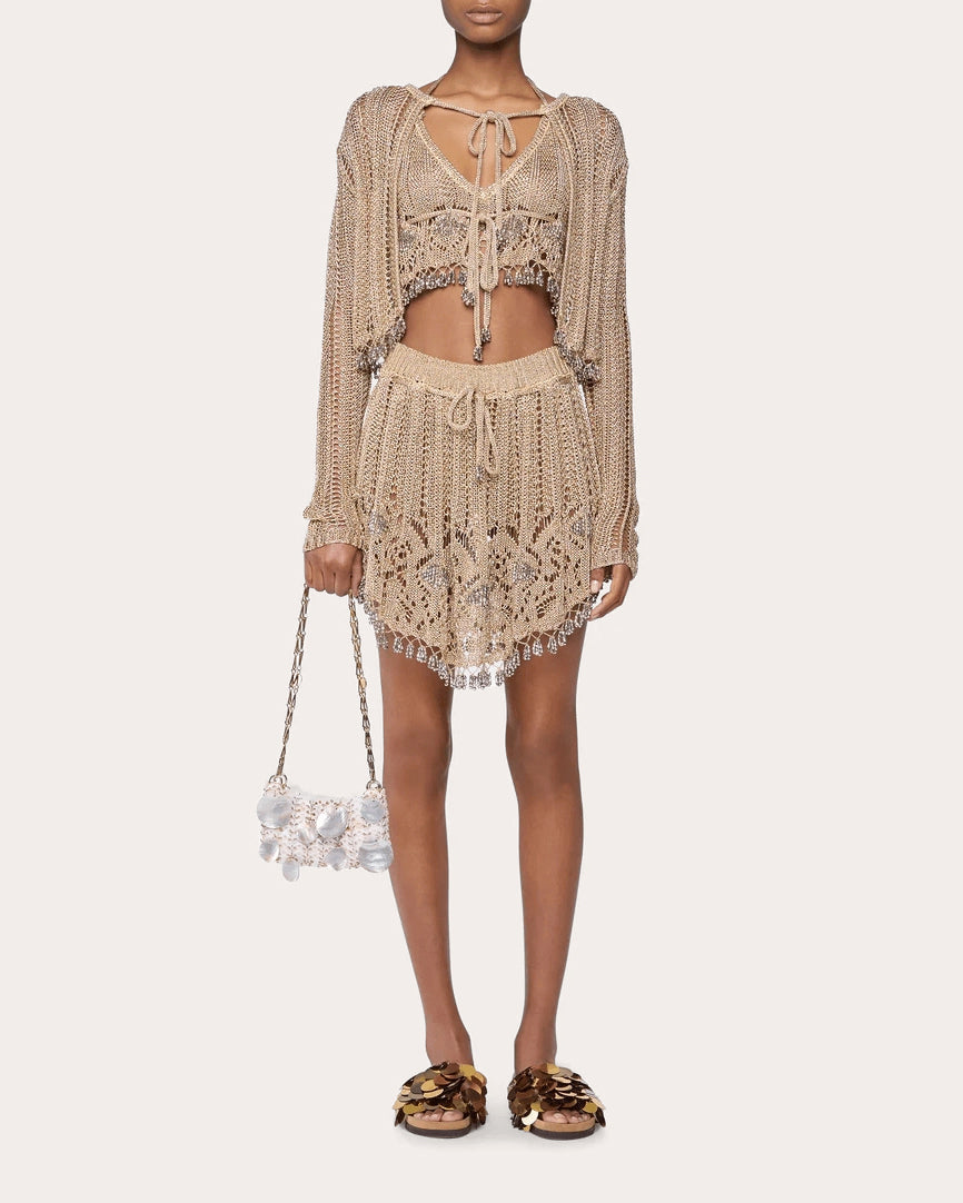 Metallic Crochet Tie-Front Cardigan