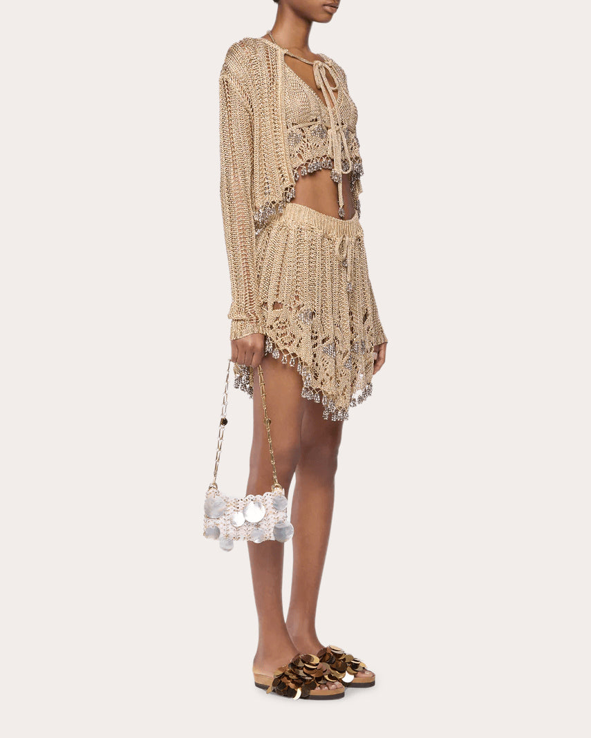 Metallic Crochet Tie-Front Cardigan