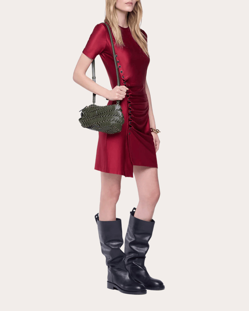 Gathered Embellished Satin Jersey Mini Dress